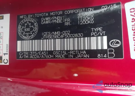2015 Lexus Rc 350 from USA, damaged, VIN JTHSE5BC4F5002830